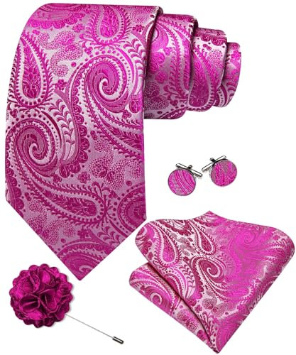 Barry.Wang Pink Tie 63 Paisley Silk Ties Set Pocket Square Cufflinks and Lapel Pin Extra Long Necktie Wedding Party