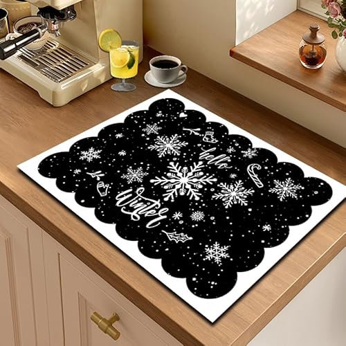 Odot Navidad Absorbente Alfombrilla Escurreplatos, Alfombrilla Cafetera Secado Rápido Bayeta Escurreplatos Estera Fregadero para Encimera de Cocina (Navidad Negro,50x160cm)