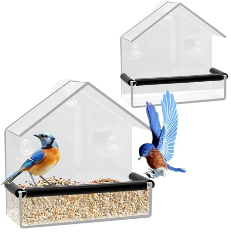 PWGHWG 2 Pc Mangeoire Oiseaux Fenetre Acrylique Transparent Mangeoire à Oiseaux pour Fenêtre avec 3 Ventouses pour Oiseaux Sauvages, Cardinal, Merle Bleu, 15 × 15 × 6,3 cm