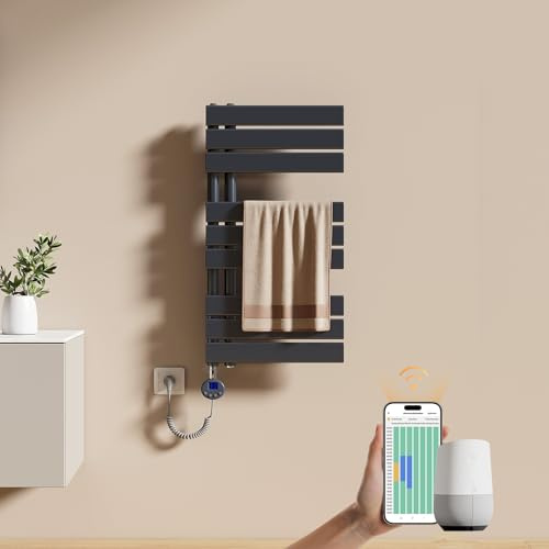 EMKE Scaldasalviette Elettrico con WIFI Termostato 76x40 cm, 400W Antracite, Scaldasalviette a Basso Consumo, Resistenza Riscaldante con Timer, Termoarredo Bagno, Scaldasalviette Elettrico Bagno