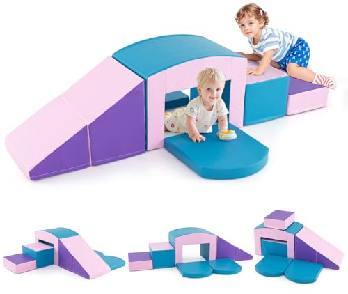 COSTWAY 6 Blocchi di Schiuma per Arrampicata, Gioco Morbido per Bambini, Set di Costruzioni Colorate per Arrampicarsi e Strisciare con Tunnel, Scale e Rampetta per Bambini 12 Mesi + (Blu)