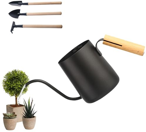 Snowtain 350ML Arrosoir en Acier Inoxydable,avec Trois Outils de désherbage,avec Un Long Bec et Une poignée en Bois Confortable,pour Plantes Extérieures, Plantes Succulentes,Jardins d'herbes