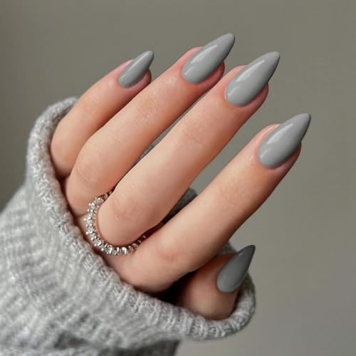KQueenest Grau Press On Nails Mittel Mandel - Acryl Nägel zum Aufkleben, Natürlich Einfarbig Fake Nails Fingernägel zum aufkleben, Glänzende Gel Full Cover Kunstnägel für Frauen 24 Stück