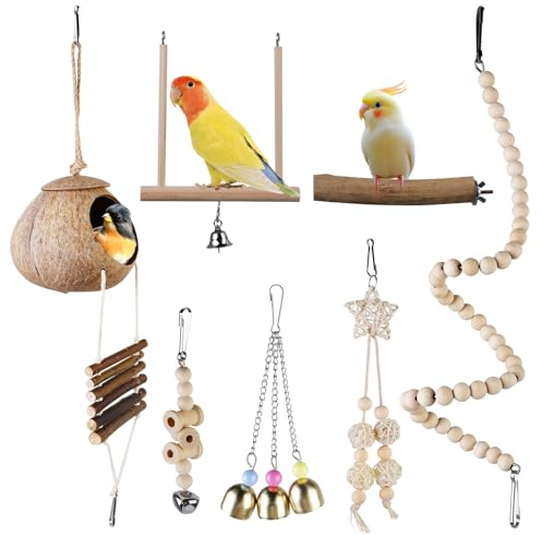 LEKEFETO Lot de 7 jouets pour oiseaux en bois naturel avec échelle d'escalade, hamac et accessoires pour perroquets - Facile à installer pour perruches et perruches