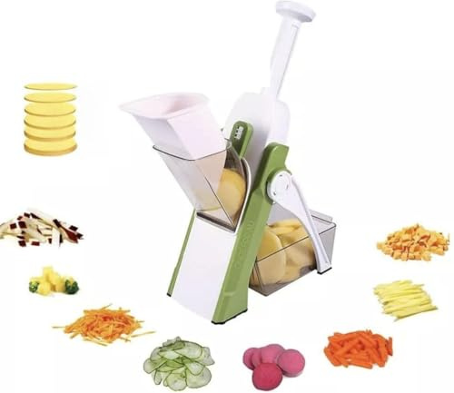 Trancheuse Mandoline de cuisine, réglable de 0,5 mm à 8 mm, blanc et vert, avec récipient pour légumes