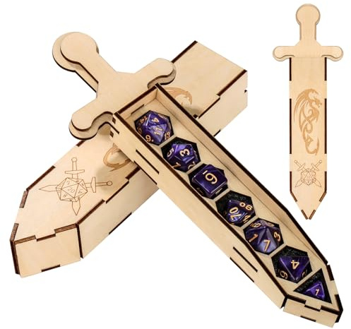 LKKCHER DESIGN Portadadi a forma di spada con 7 dadi poliedrici viola, Contenitore in legno per accessori D&D, Scatola portaoggetti per giochi di ruolo, Set regalo per giochi da tavolo fantasy