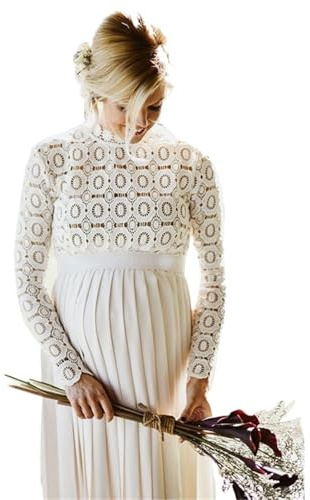 LYXYGMV Vestiti Gravidanza Abito da Sera Premaman Bianco for Baby Shower, Foto di Sessioni di Gravidanza, Elegante Abito Lungo con Spacco Traforato A Maniche Lunghe Premama da Donna(S)