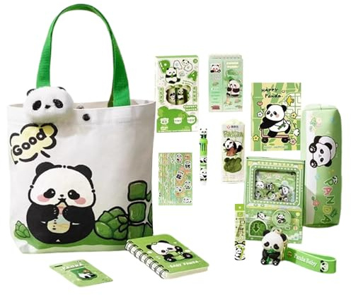 Skolmaterial för barn – panda pennskrin med nyckelring och klistermärken, canvasväska för student organisering ryggsäck högskola barn resor flickor pojkar arbetsrum skola