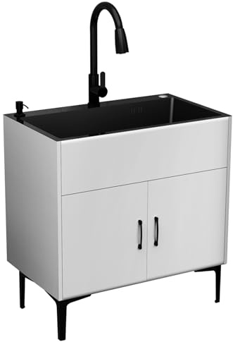 Fregadero de Lavandería con Mueble, Fregadero Profundo de Acero Inoxidable con Grifo Extraíble, Conjunto Moderno de Fregadero y Armario para Cocina, Baño, Garaje o Lavadero