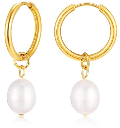 KIM JOHANSON® Edelstahl Damen Perlenohrringe *Malia* in Gold | Creolen mit echten Perlen | Boho Schmuck für Frauen | Wasserfeste Ohrringe hängend | Multi Layer Kreolen | Inkl. Schmuckbeutel