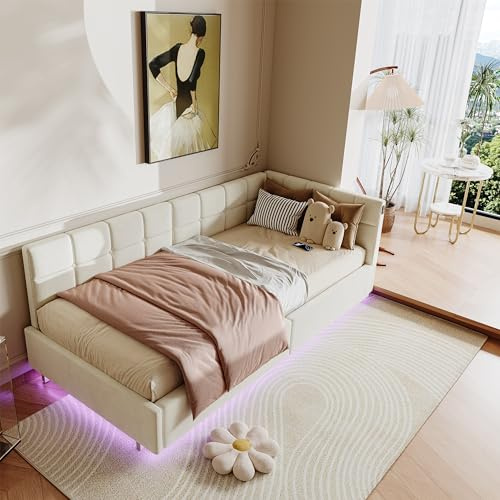 SUNFECILI Polsterbett Schlafsofa 90 x 200 cm mit LED und USB, Jugendbett Multifunktionsbett mit Hydraulischer Stauraum und Bettkasten, Schlafsofa Einzelbett Sofa-Bett mit Lattenrost (Beige)