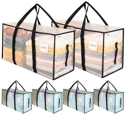 Confezione da 6 sacchi portaoggetti grandi da 95 litri con coperchio, resistenti e pieghevoli, trasparenti, con cerniera e maniglia, ideali per traslochi, campeggio e biancheria da letto