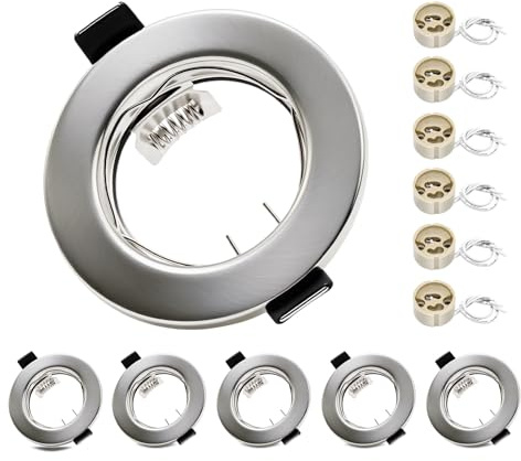 Round Brushed Nickel Recessed Ceiling Downlight Frames with GU10 Sockets,55-70mm Cut-Out Hole Size,Compatible with LED&Halogen Bulbs,Mounting Frame for Spotlight Fixtures (Bulbs Excluded) - 6 Pack