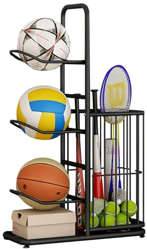 Monetais Basketställ 3-nivåer kolstål basketstativ med sidokorg avtagbar krok justerbar fotdyna bollförvaring för fotboll baseball tennisracket och mer