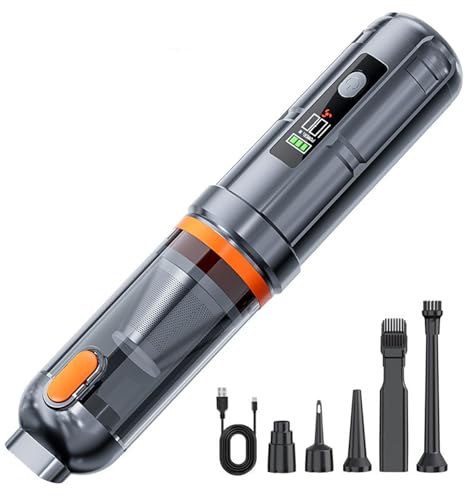 Aspirapolvere auto, 28000Pa Aspirabriciole Senza Fili con Motore Brushless, 4-in-1 Mini Aspirapolvere Senza Fili Con Spia Luminosa, 3 Velocità per, PC, Ufficio, Peli di Animali, Casa, Pulizia del Diva