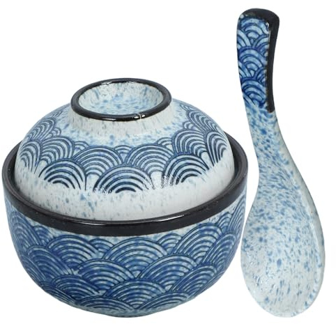 SUPVOX Juego de 2 Cuencos Japoneses para Sopa Miso de Cerámica con Tapa y Cuchara, Tazón Pequeño para Guisar, Diseño de Ondas, Resistente al Calor, Uso Doméstico y Restaurante, Tazones