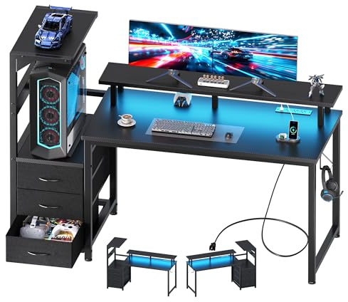 DUMOS L Shaped Gaming Desk with Shelves Storage Drawers 52'', Black Computer Desks with LED Lights Power Outlets, Office Wood Table with PC Stand Cable Management for Bedroom Dual Monitor Streaming