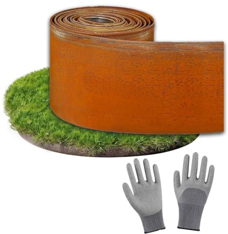 Bordo per prato in acciaio corten, 5 m/10 m, alto 14 cm, bordo flessibile per aiuole con griglia con 1 paio di guanti da montaggio (lunghezza 5 m)