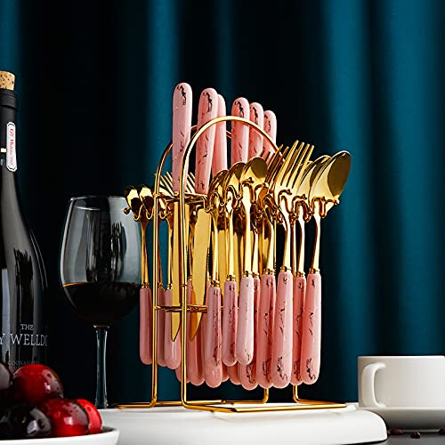set di posate, Set di posate in argento, 24 pezzi, set da tavola in acciaio inossidabile 304, con manico in ceramica, forchetta, cucchiaio, coltello, lavabile in lavastoviglie(24pcs5)