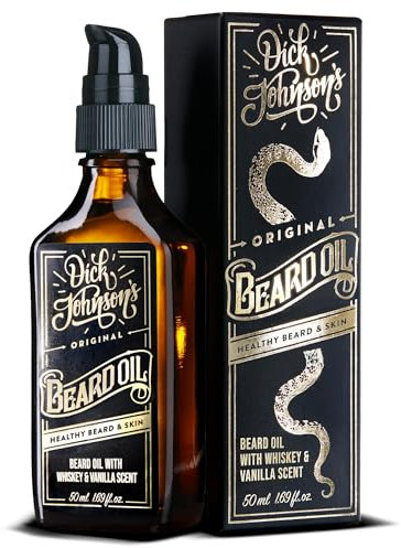 Dick Johnson Bartöl Whiskey Vanille Duft 50 ml – Bart Öl mit Arganöl, Jojobaöl und Mandelöl – Bartpflege für Männer zur täglichen Anwendung & Bartwachstum – Geschenk für Männer – Made in Finnland