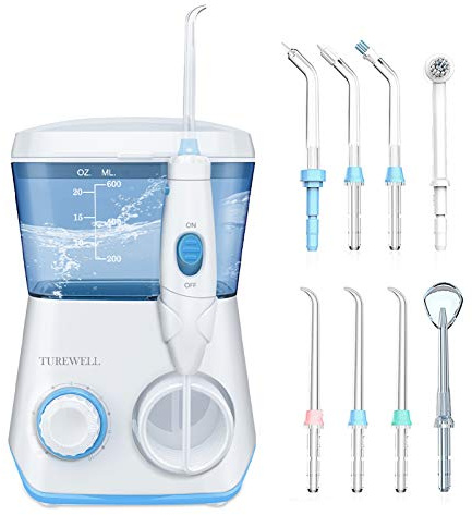 TUREWELL Water Flossing Oral Irrigator, 600ML Dental Cleaner 10 Adjustable Pressure, Electric Oral Flosser for Teeth/Braces, 8 Replacement Jet Tips for Family (White)