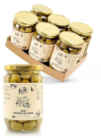 KoRo - Olives vertes Bio avec noyau 6 x 400 g - Sans conservateurs - Goût piquant intense - Grand format