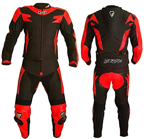 BI ESSE Tuta da MOTO per adulto in pelle e tessuto, divisibile in 2 pezzi giacca e pantalone, regolabile, completa di protezioni CE (Nero/Rosso, L)