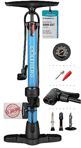 Fahrradpumpe alle Ventile * Test SEHR GUT - 10 Jahre GARANTIE * Leistungsstarke Luftpumpe Fahrrad– Fahrradpumpe Französisches Ventil - Standpumpe mit Manometer - Pumpe Standluftpumpe
