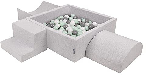 KiddyMoon Spielplatz Aus Schaumstoff Mit Quadrat Bällebad (200 Bälle) Ballgruben Für Babys Spielbad Hindernisläufen, Hergestellt In Der EU, Hellgrau:Weiß/Grau/Minze