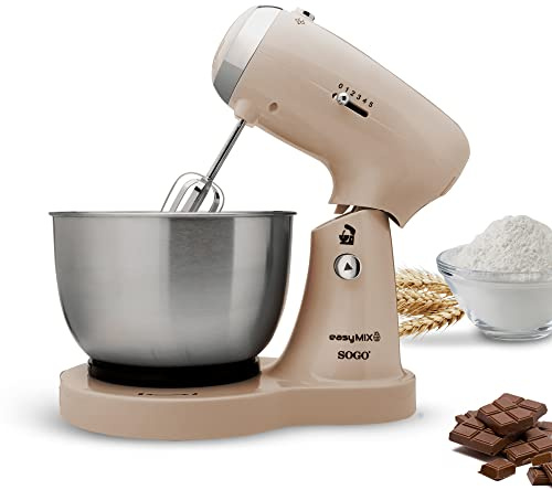 SOGO Amasadora Repostería 3 en 1 SS-14506 | Batidora Mezcladora con Bol Giratorio de Acero Inoxidable 3,2L | 5 Velocidades | Varillas y Ganchos para Amasar | Motor 350W | Color Beige