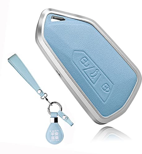 ontto Autoschlüssel Hülle Cover Passt für VW Golf 8 R ID.4 Atlas Multivan T7 Seat Leon MK4 Passt für Skoda Octavia A8 Enyaq 2020-2022 Fernbedienung Schlüsselanhänger Leder Metall Schlüsseletui-Blau