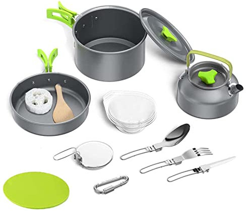 Flyself Camping Kochgeschirr Set 14-TLG Tragbar Camping Geschirr Set Aluminium Campinggeschirr Kochtopf Set Geschirr Pfanne Picknickgeschirr für Outdoor Picknick Wandern (Green)