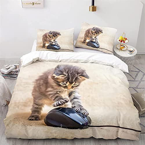 TMMDH 3D Drucken Bettwäsche Set Tabby-Katze Muster Bettbezug 155x200 cm weich bequem atmungsaktiv Hypoallergen Mikrofaser Bettbezüge Und 2 Kissenbezug,Geeignet für Teenager und Kinder