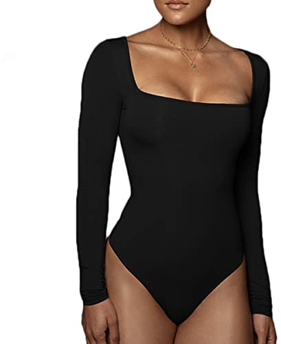 Buliezy Body dam långärmad bodysuits med elegant slimming jumpsuit stringbody tunn fleece varma undertröjor (svart/vit/brun S–XXL), svart, XL