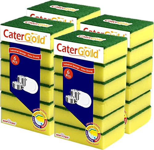Catergold Large Heavy Duty Cleaning Sponge with Scrubbing Green Pad 14 x 9 x 4cm 24PK