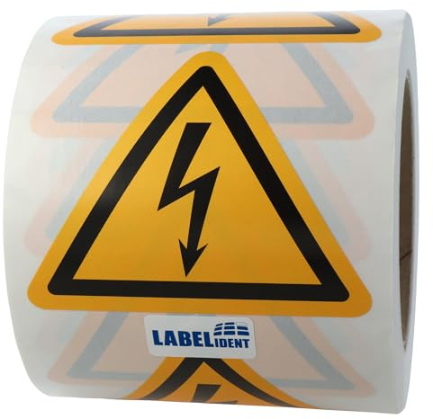 Labelident Warnaufkleber W012 - Warnung gefährliche elektrische Spannung - Seitenlänge: 100 mm - 1.000 selbstklebende Warnzeichen 1 Rolle/n, PE-Folie (Polyethylen)