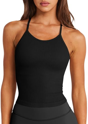 LASLULU Reggiseno sportivo da donna senza soluzione di continuità lungo Crop Tank Racer Indietro Cinghia di spaghetti Allenamento Yoga Reggiseno imbottito Halter Collo Top Casual, nero, S