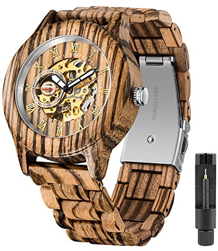 Tiong No Battery Fashion Mechanical Wooden Watch for Men, Mechanical Movement Wooden Strap Men's Watch for Father's Day, Birthday