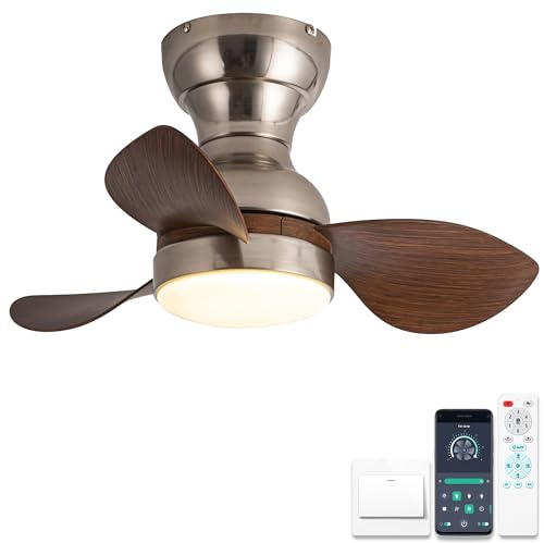 ycwdcz Ø56cm Mini Deckenventilator mit Lampe und Fernbedienung, kleine Deckenventilator mit Beleuchtung, Reversibel Sommer Winterbetrieb 6 Gang Leise DC Motor, Silber + Braun Woodgrain