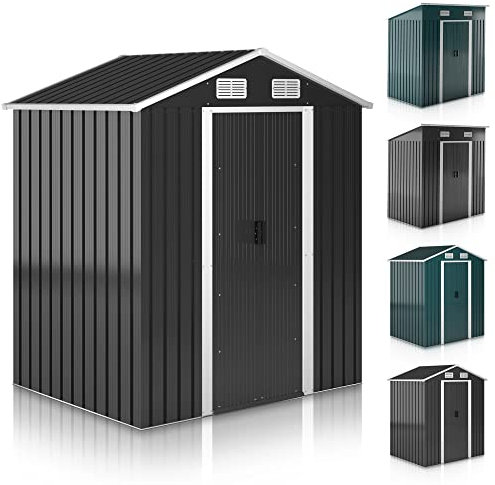 Jago® Gartenhaus - 182 × 186 × 118 cm, mit Fundament, Schiebetür, Lüftungsgitter, Satteldach, UV-beständig, Wasserdicht, verzinkter Stahl - Geräteschuppen, Gerätehaus, Gartenschuppen (Anthrazit)