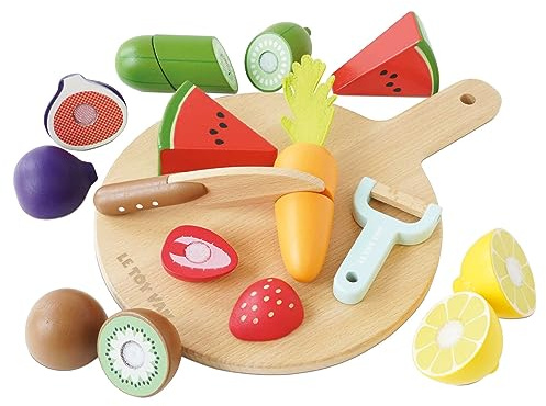 Le Toy Van Lernspiel für 2-jährige Jungen, Obst- und Gemüsespiel zum Schneiden von FSC-Holz, 18 Teile, Küchenspielzeug