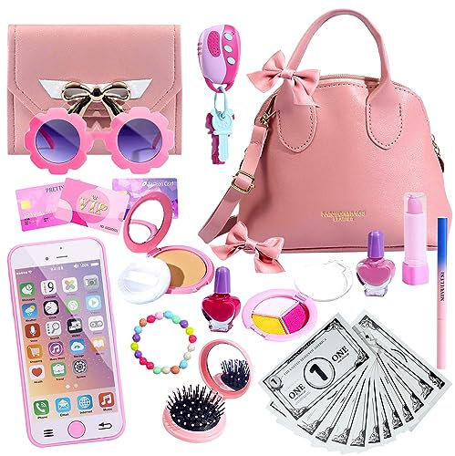 Play Purse for Little Girls, 31 Pcs Kids Toy Purse, Toddlers Handbags with Makeup Kit, Wallet, Sunglasses, Phone, Car Keys and Credit Cards for 3-6 Year Old Girls Birthday Gift