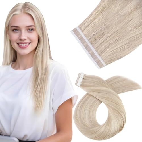 Moresoo Tape in Extensions Echthaar Blond 35 cm Haarverlängerung 10pcs 20g | Remy Echthaar,Aschblond Mit Bleichblond,Seidig Glatte Struktur,Für Highlights Geeignet,Nahtloser Übergang