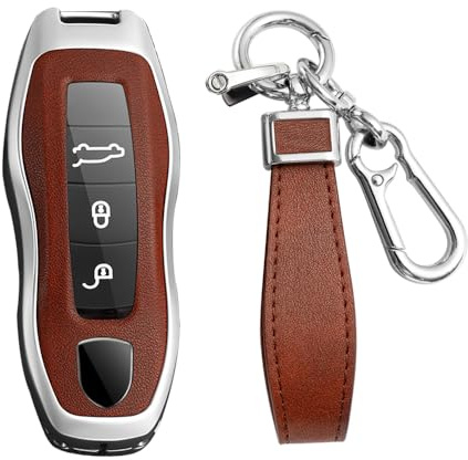 KUNIO Keyless Key Case fit for Porsche for Macan for Panamera 918 911 981 991 Boxster for Cayenne Cayman Key Cover Case Metal Key Cover Key Ring Cover Keychain A Silver Brown
