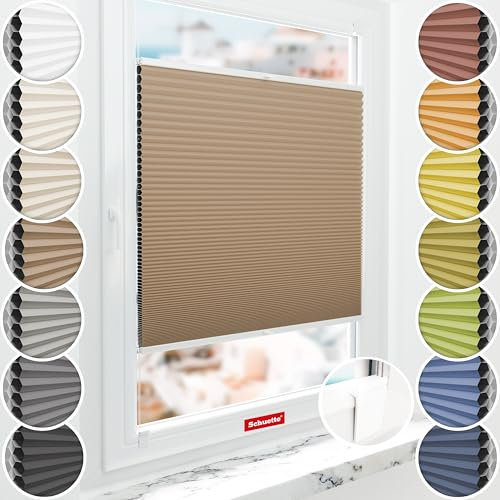 Schuette® Wabenplissee ohne Bohren zum Kleben ● Blackout x Honey ● Maple Wood (Braun) ● 85x130cm (Breite x Höhe) ● Suprafix Klebehalter & Schraubhalter 2in1 ● Bequeme Montage