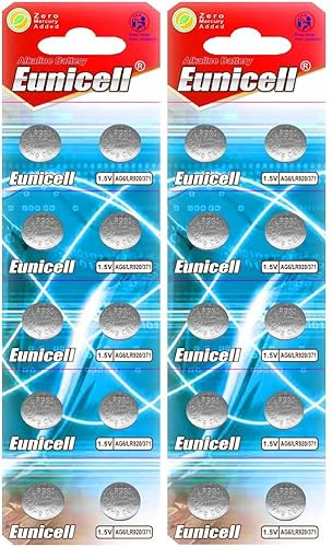 EUNICELL AG6 LR920 LR921 1,5 V 32 mAh, 20 knappceller för klockor och räknare | 20 EUNICELL AG6/LR920 alkaliska knappceller med 1,5 V och 32 mAh för kompatibla klockor, datorer och elektronik.