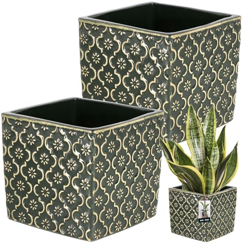 KOTARBAU® Keramik Blumentopf Quadratisch Vintage Dunkel Grün 13x13cm H: 13cm Glasierte Keramik 2 St. Viereckig Pflanzkübel Drinnen Pflanzgefäß