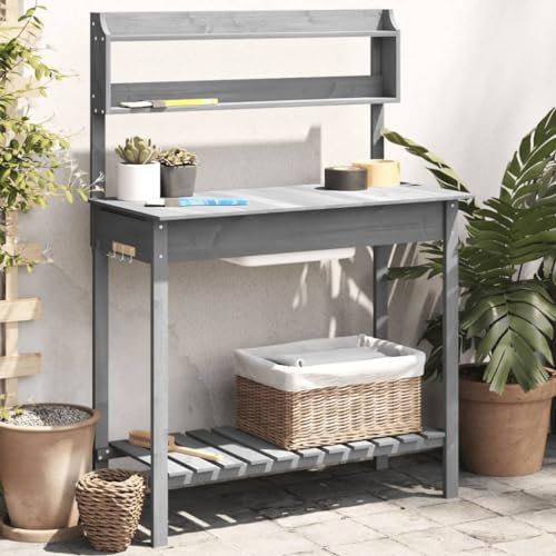 Gecheer Potting Bench Table with Sink Grey 147.5x44x139.5 cm Solid Wood Fir Garden Workbench with Storage Gardening Station