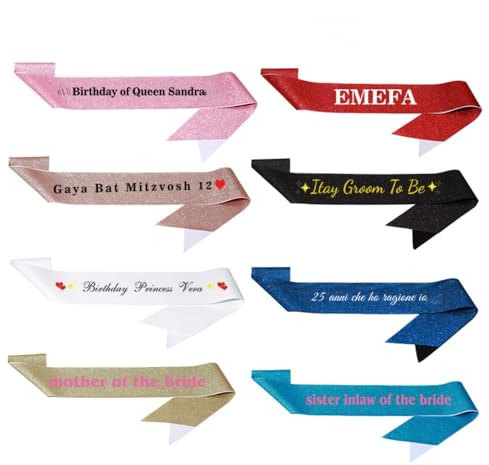 WOMB Banda personalizada para concurso de belleza, banda de fiesta de disfraces, texto personalizado, banda de satén para cumpleaños, despedida de soltera (5 unidades)