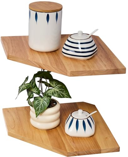 Gieanoo Corner Shelf, Set of 2 Solid Oak Wood Floating Corner Shelf Wall Mount Organizer with Wire Hole Small Plant Display for Kitchen Living Room Bedroom
